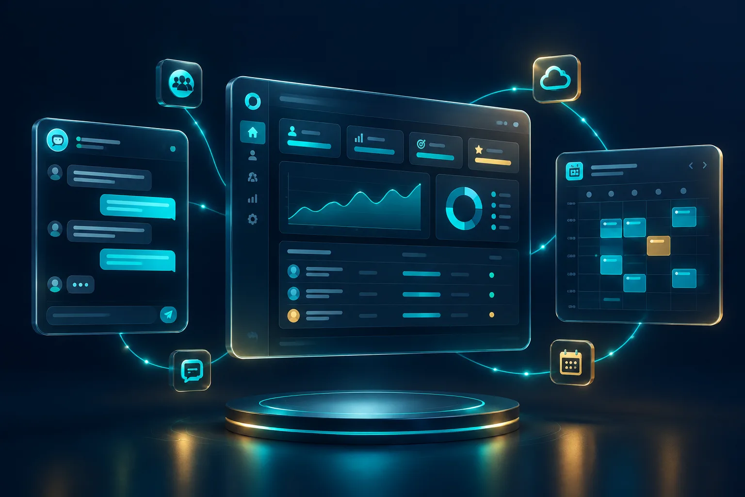 A CRM dashboard, customer service chat and appointment calendar shown side by side
